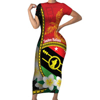 Personalised PNG Sauten Hailans Short Sleeve Bodycon Dress Papua New Guinea Plumeria Melanesian Pattern LT14 Long Dress Red - Polynesian Pride