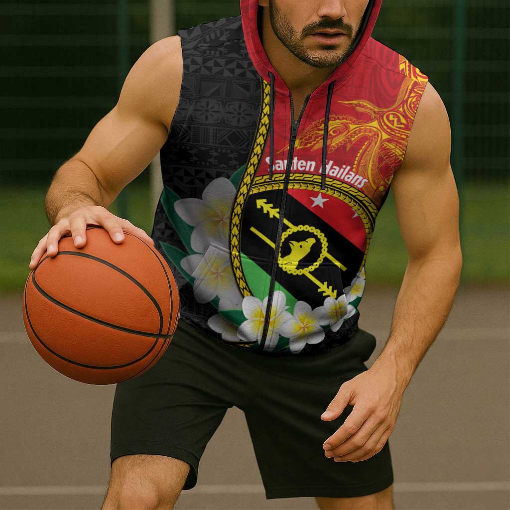 Personalised PNG Sauten Hailans Sleeveless Zip Hoodie Papua New Guinea Plumeria Melanesian Pattern LT14 - Polynesian Pride