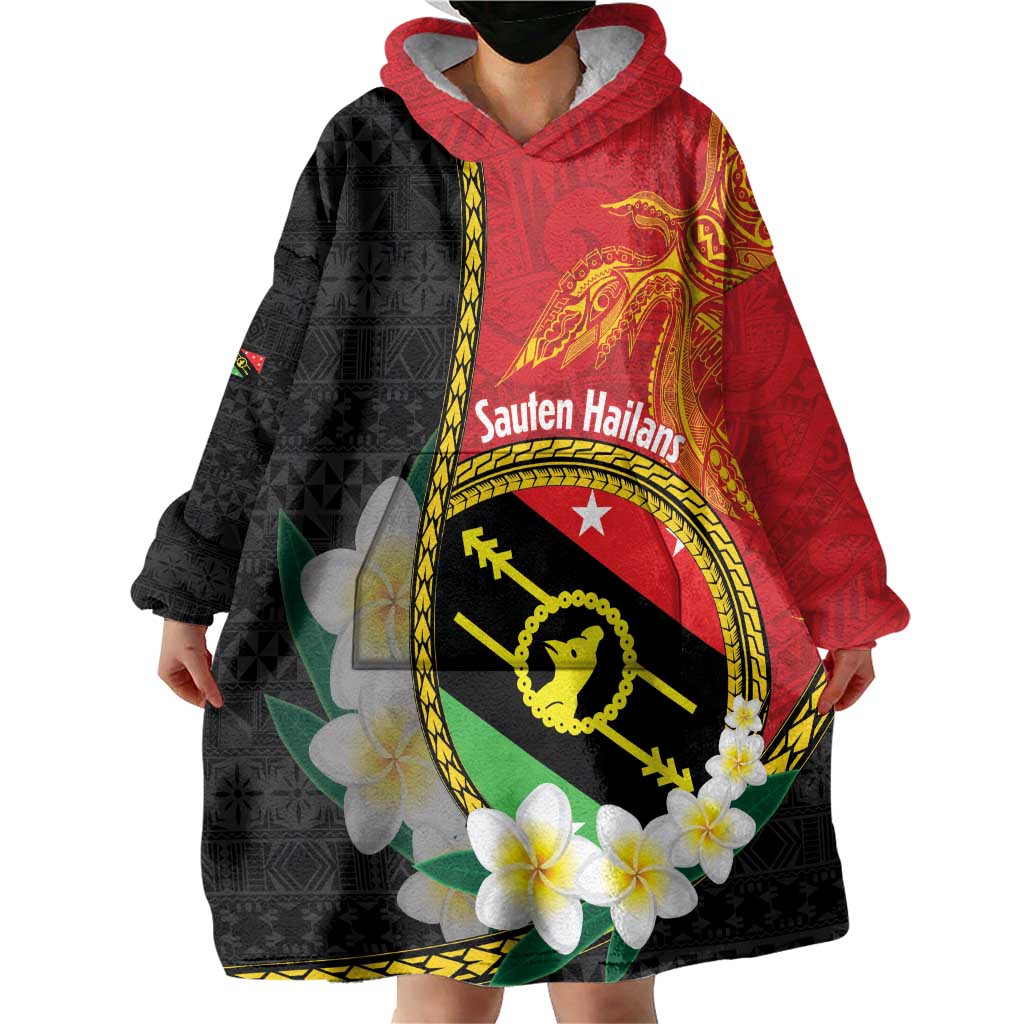 Personalised PNG Sauten Hailans Wearable Blanket Hoodie Papua New Guinea Plumeria Melanesian Pattern LT14 - Polynesian Pride