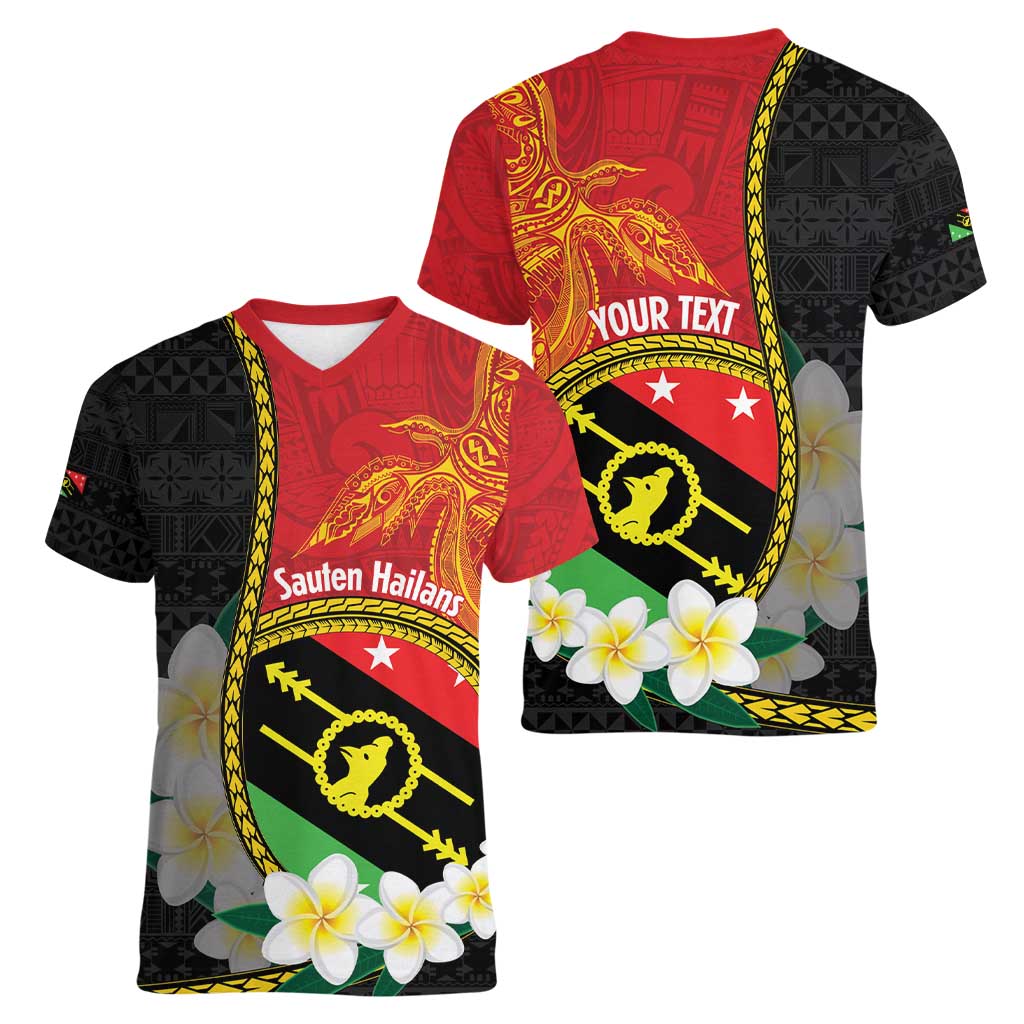 Personalised PNG Sauten Hailans Women V-Neck T-Shirt Papua New Guinea Plumeria Melanesian Pattern LT14 - Polynesian Pride