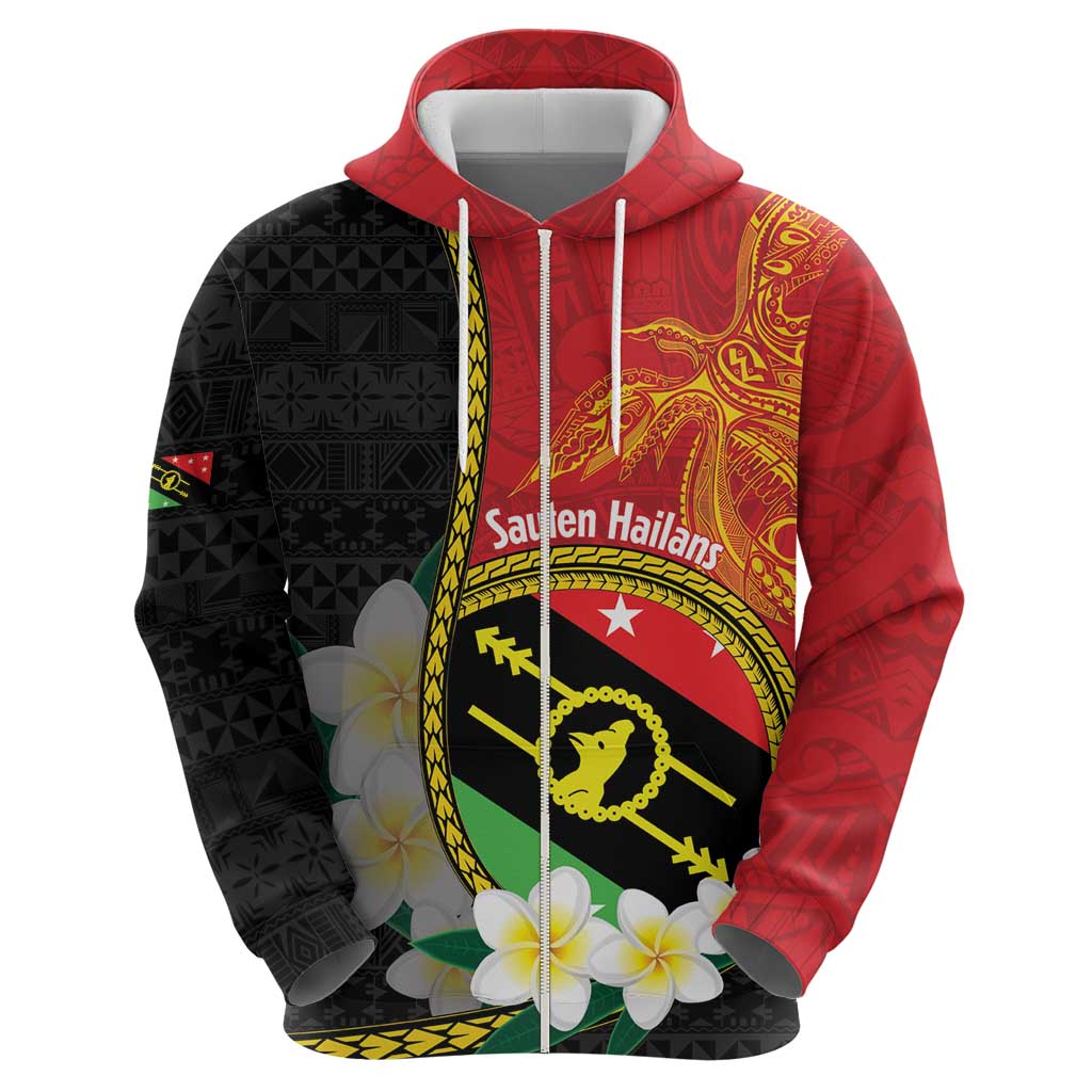 Personalised PNG Sauten Hailans Zip Hoodie Papua New Guinea Plumeria Melanesian Pattern LT14 - Polynesian Pride