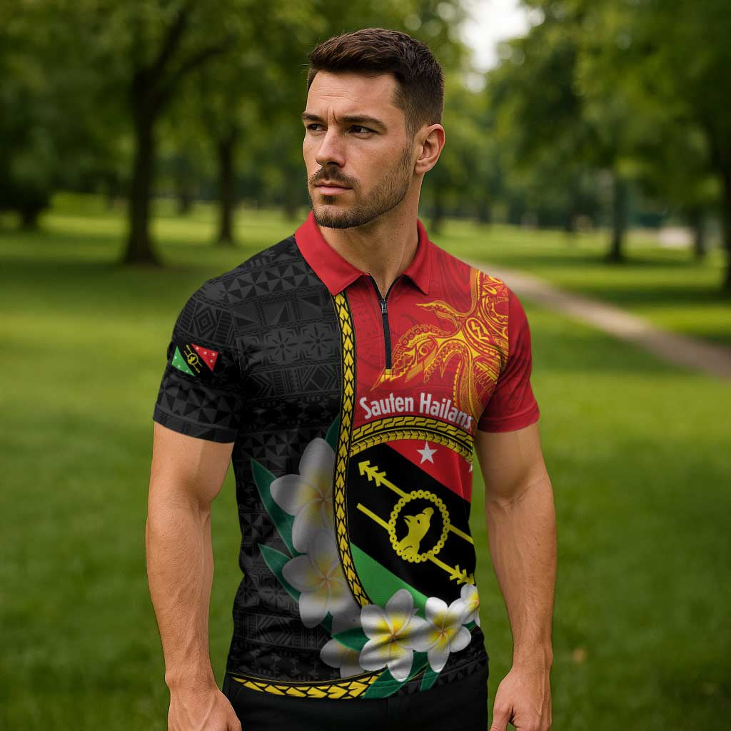 Personalised PNG Sauten Hailans Zipper Polo Shirt Papua New Guinea Plumeria Melanesian Pattern LT14 - Polynesian Pride