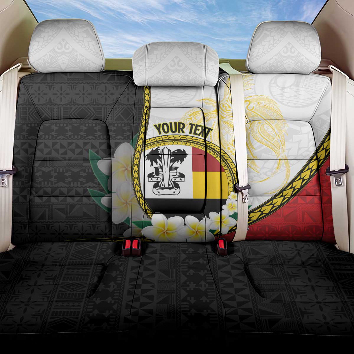 Personalised PNG Madang Provins Back Car Seat Cover Papua New Guinea Plumeria Melanesian Pattern LT14 One Size White - Polynesian Pride