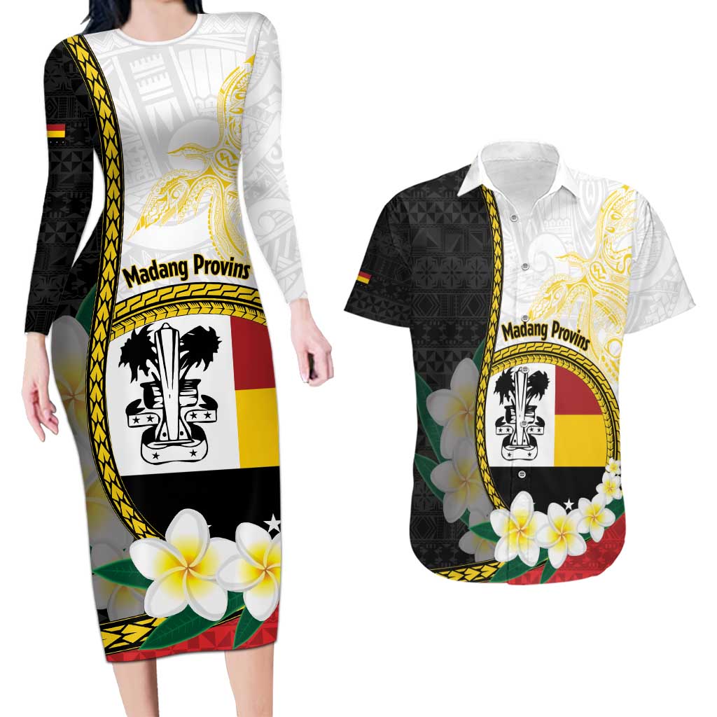 Personalised PNG Madang Provins Couples Matching Long Sleeve Bodycon Dress and Hawaiian Shirt Papua New Guinea Plumeria Melanesian Pattern LT14 White - Polynesian Pride