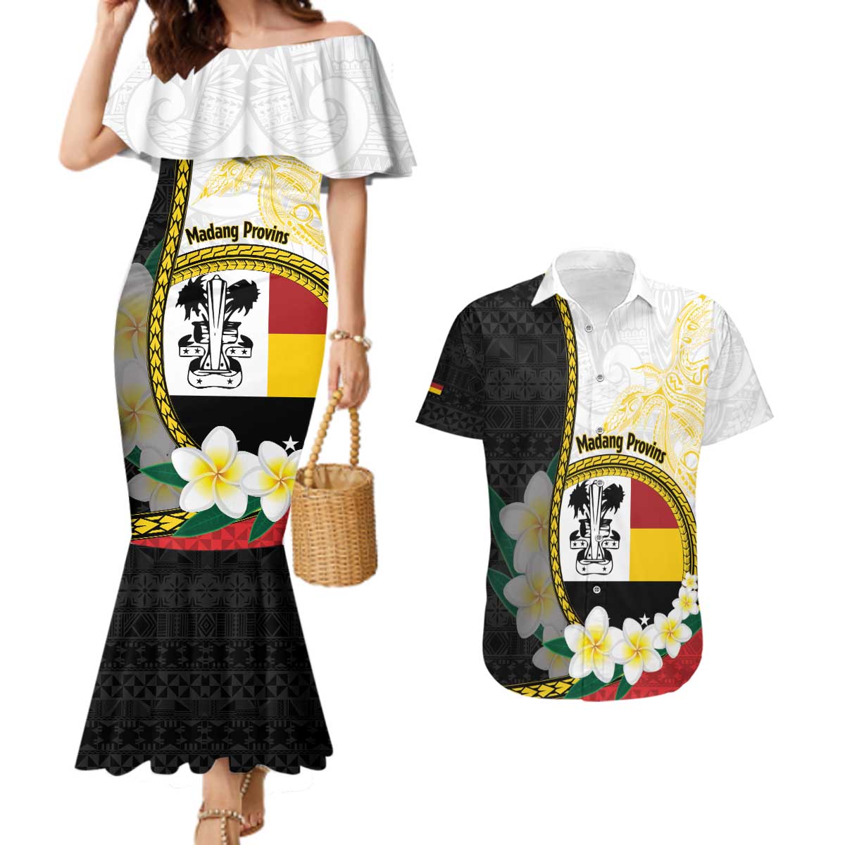 Personalised PNG Madang Provins Couples Matching Mermaid Dress and Hawaiian Shirt Papua New Guinea Plumeria Melanesian Pattern LT14 White - Polynesian Pride