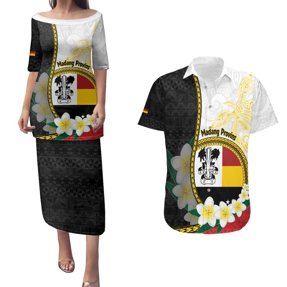 Personalised PNG Madang Provins Couples Matching Puletasi and Hawaiian Shirt Papua New Guinea Plumeria Melanesian Pattern LT14 White - Polynesian Pride