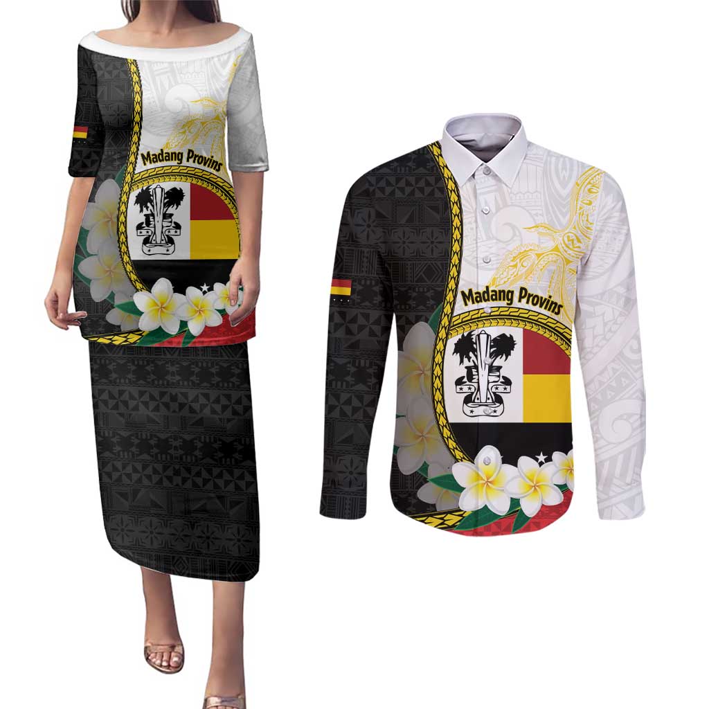 Personalised PNG Madang Provins Couples Matching Puletasi and Long Sleeve Button Shirt Papua New Guinea Plumeria Melanesian Pattern LT14 White - Polynesian Pride