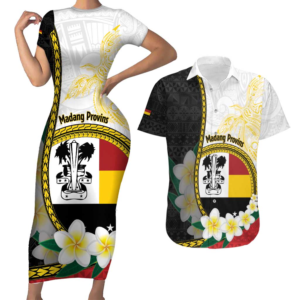 Personalised PNG Madang Provins Couples Matching Short Sleeve Bodycon Dress and Hawaiian Shirt Papua New Guinea Plumeria Melanesian Pattern LT14 White - Polynesian Pride
