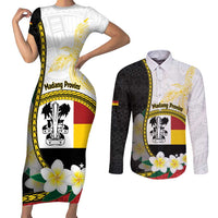 Personalised PNG Madang Provins Couples Matching Short Sleeve Bodycon Dress and Long Sleeve Button Shirt Papua New Guinea Plumeria Melanesian Pattern LT14 White - Polynesian Pride