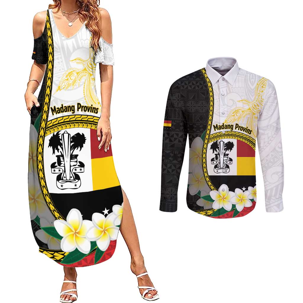 Personalised PNG Madang Provins Couples Matching Summer Maxi Dress and Long Sleeve Button Shirt Papua New Guinea Plumeria Melanesian Pattern LT14 White - Polynesian Pride