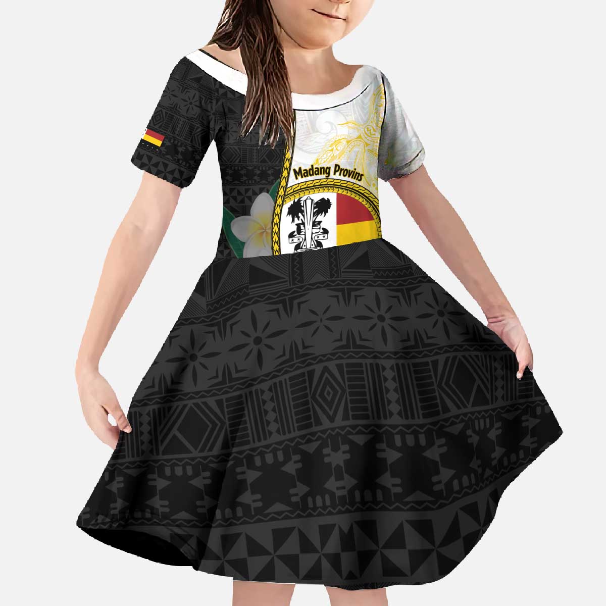 Personalised PNG Madang Provins Family Matching Off The Shoulder Long Sleeve Dress and Hawaiian Shirt Papua New Guinea Plumeria Melanesian Pattern LT14 Daughter's Dress White - Polynesian Pride