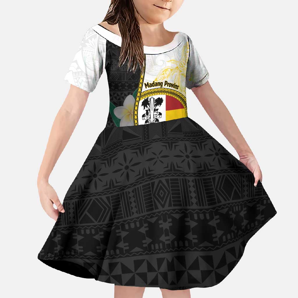 Personalised PNG Madang Provins Family Matching Off Shoulder Maxi Dress and Hawaiian Shirt Papua New Guinea Plumeria Melanesian Pattern LT14 Daughter's Dress White - Polynesian Pride