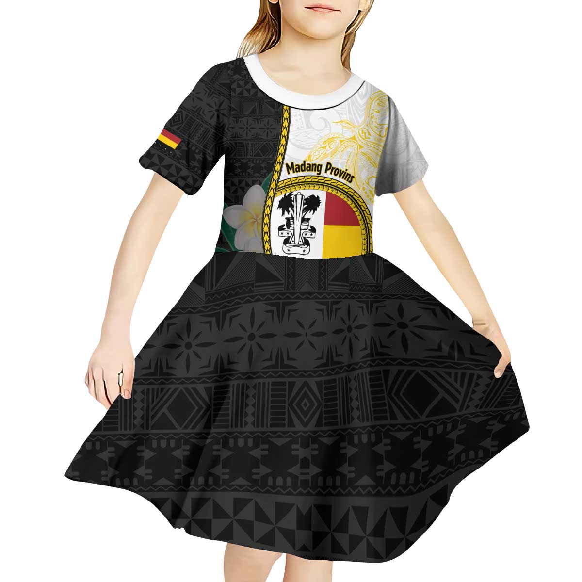 Personalised PNG Madang Provins Kid Short Sleeve Dress Papua New Guinea Plumeria Melanesian Pattern LT14 - Polynesian Pride