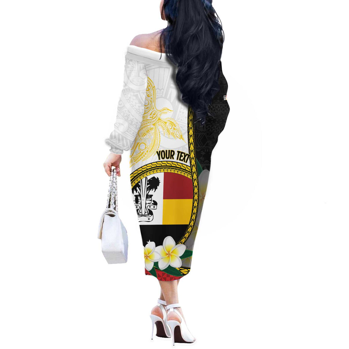 Personalised PNG Madang Provins Off The Shoulder Long Sleeve Dress Papua New Guinea Plumeria Melanesian Pattern LT14 - Polynesian Pride