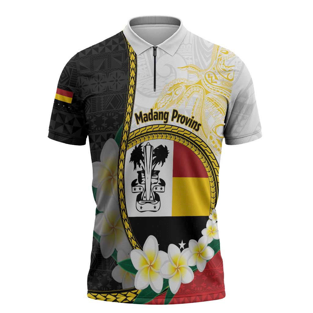 Personalised PNG Madang Provins Zipper Polo Shirt Papua New Guinea Plumeria Melanesian Pattern LT14 White - Polynesian Pride