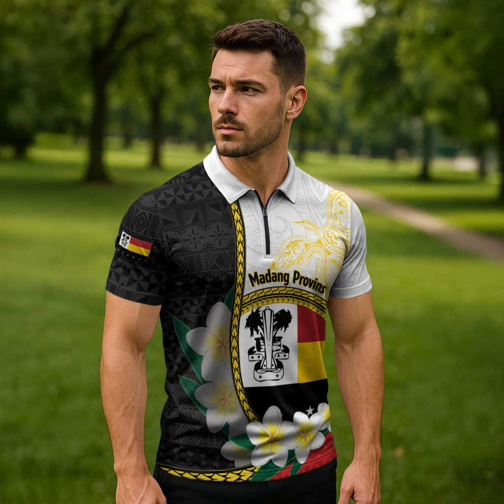 Personalised PNG Madang Provins Zipper Polo Shirt Papua New Guinea Plumeria Melanesian Pattern LT14 - Polynesian Pride