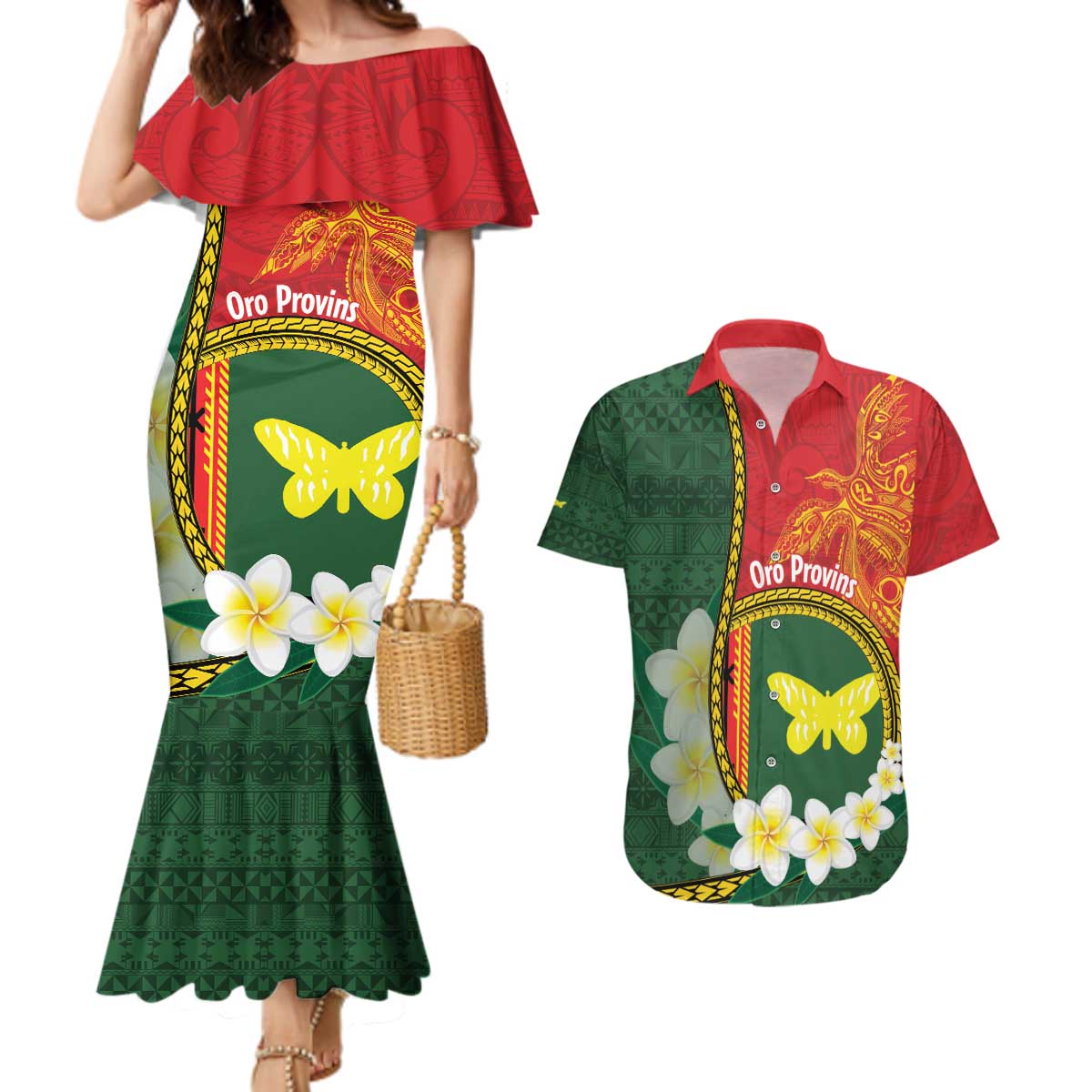 Personalised PNG Oro Provins Couples Matching Mermaid Dress and Hawaiian Shirt Papua New Guinea Plumeria Melanesian Pattern - Polynesian Pride