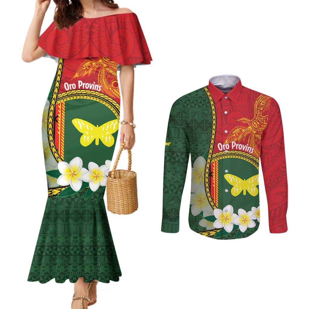 Personalised PNG Oro Provins Couples Matching Mermaid Dress and Long Sleeve Button Shirt Papua New Guinea Plumeria Melanesian Pattern LT14 Green - Polynesian Pride