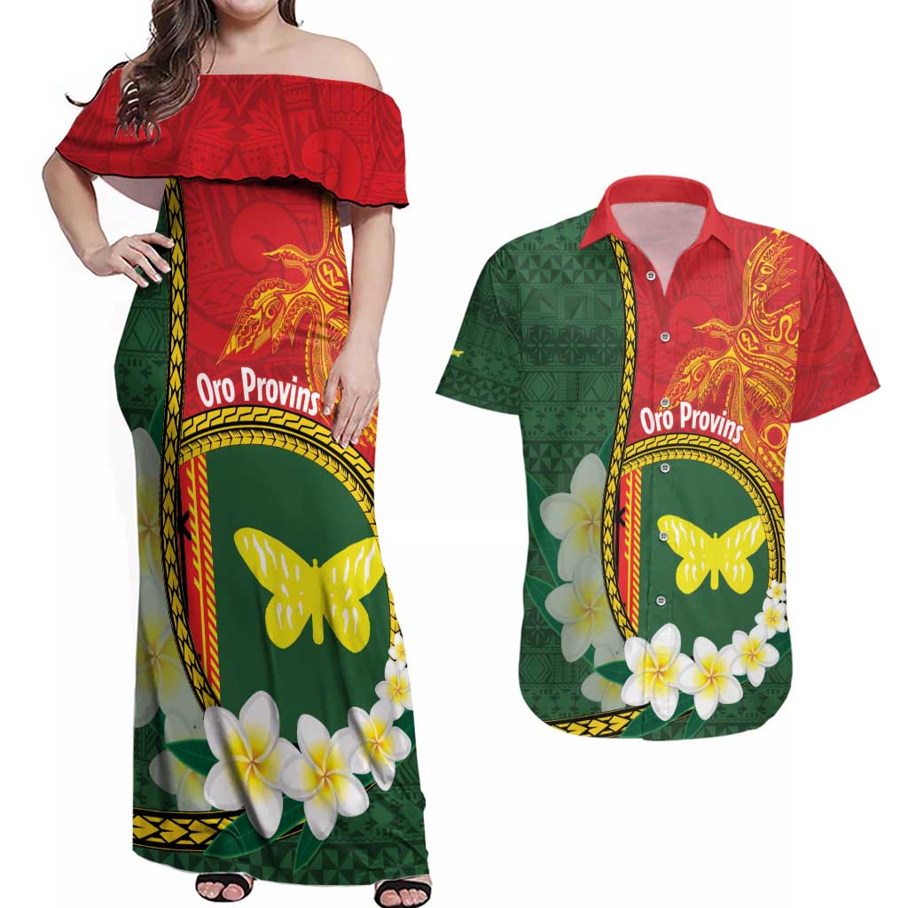 Personalised PNG Oro Provins Couples Matching Off Shoulder Maxi Dress and Hawaiian Shirt Papua New Guinea Plumeria Melanesian Pattern LT14 Green - Polynesian Pride