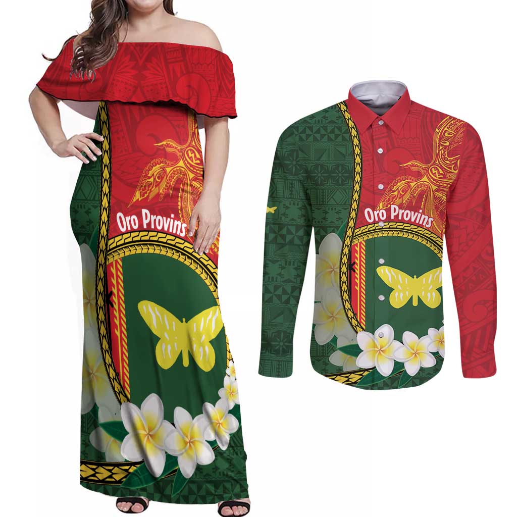 Personalised PNG Oro Provins Couples Matching Off Shoulder Maxi Dress and Long Sleeve Button Shirt Papua New Guinea Plumeria Melanesian Pattern LT14 Green - Polynesian Pride