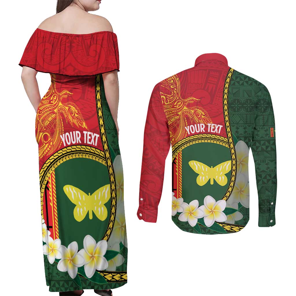Personalised PNG Oro Provins Couples Matching Off Shoulder Maxi Dress and Long Sleeve Button Shirt Papua New Guinea Plumeria Melanesian Pattern LT14 - Polynesian Pride