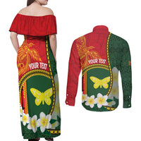 Personalised PNG Oro Provins Couples Matching Off Shoulder Maxi Dress and Long Sleeve Button Shirt Papua New Guinea Plumeria Melanesian Pattern LT14 - Polynesian Pride