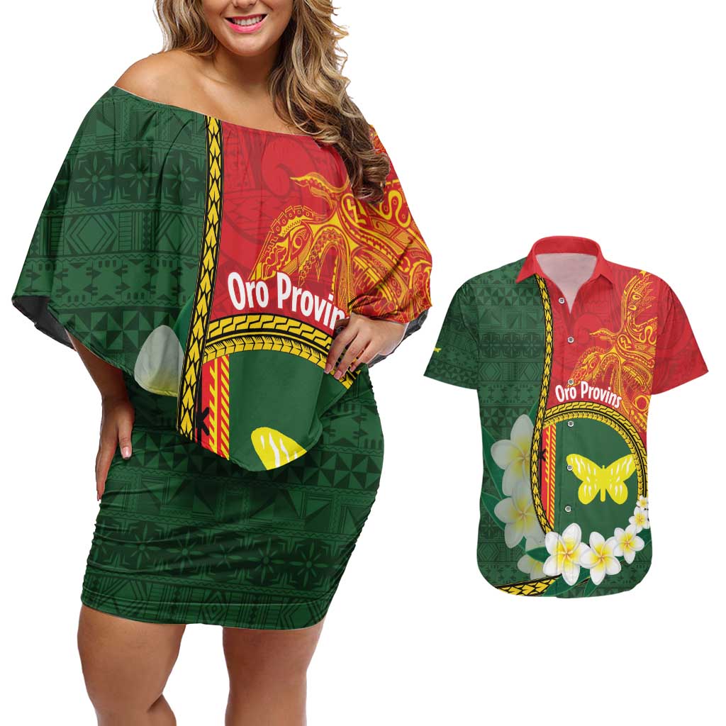 Personalised PNG Oro Provins Couples Matching Off Shoulder Short Dress and Hawaiian Shirt Papua New Guinea Plumeria Melanesian Pattern LT14 Green - Polynesian Pride