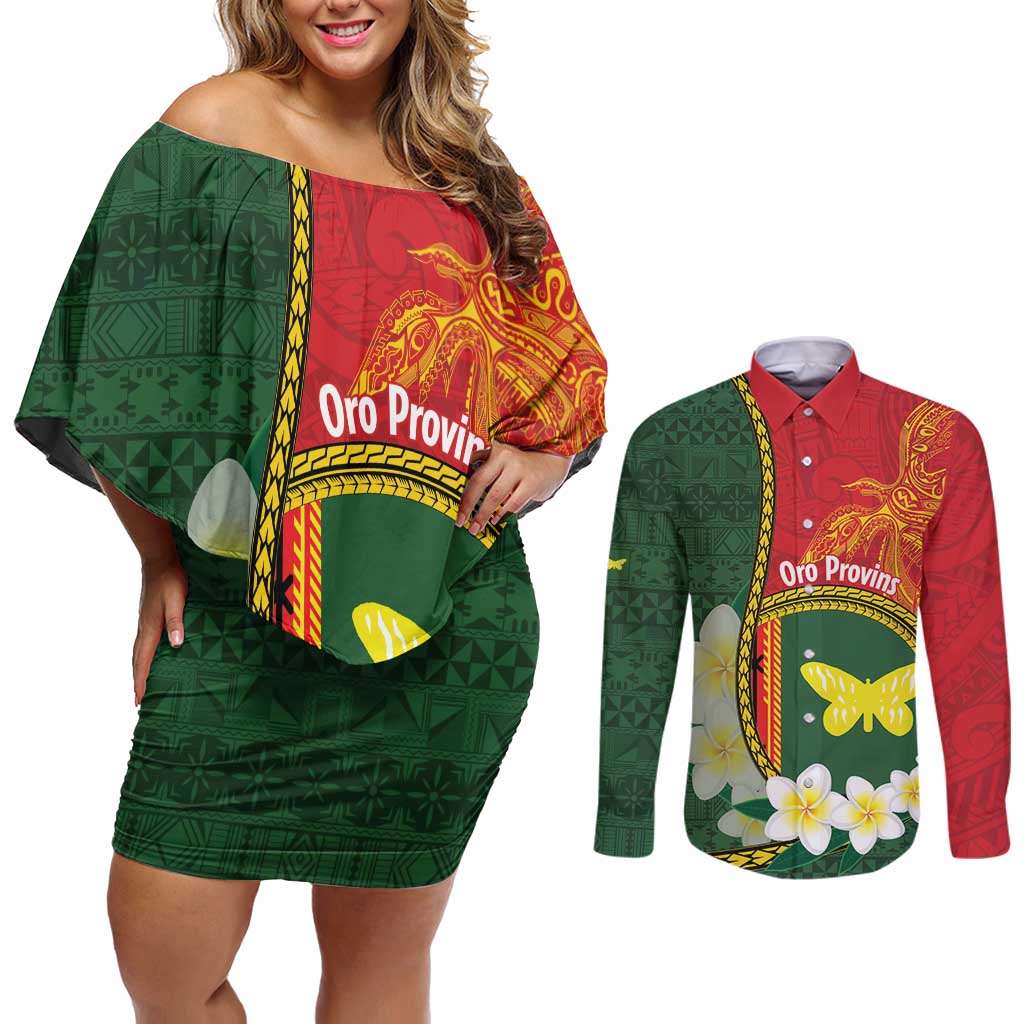 Personalised PNG Oro Provins Couples Matching Off Shoulder Short Dress and Long Sleeve Button Shirt Papua New Guinea Plumeria Melanesian Pattern LT14 Green - Polynesian Pride