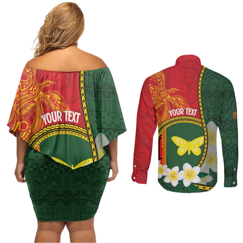 Personalised PNG Oro Provins Couples Matching Off Shoulder Short Dress and Long Sleeve Button Shirt Papua New Guinea Plumeria Melanesian Pattern LT14 - Polynesian Pride