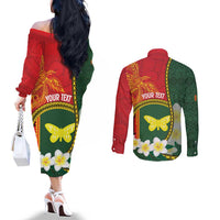 Personalised PNG Oro Provins Couples Matching Off The Shoulder Long Sleeve Dress and Long Sleeve Button Shirt Papua New Guinea Plumeria Melanesian Pattern LT14 - Polynesian Pride