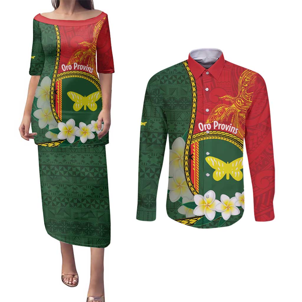 Personalised PNG Oro Provins Couples Matching Puletasi and Long Sleeve Button Shirt Papua New Guinea Plumeria Melanesian Pattern LT14 Green - Polynesian Pride