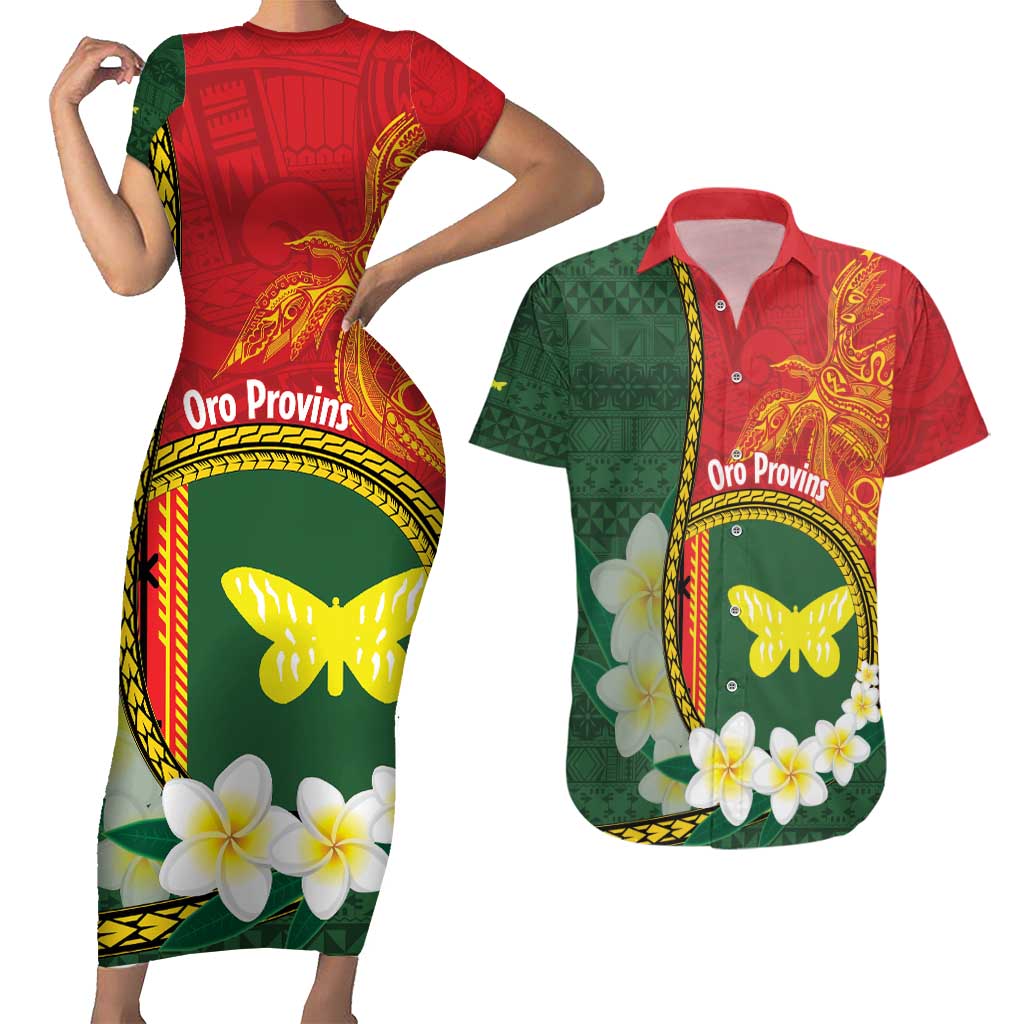Personalised PNG Oro Provins Couples Matching Short Sleeve Bodycon Dress and Hawaiian Shirt Papua New Guinea Plumeria Melanesian Pattern LT14 Green - Polynesian Pride