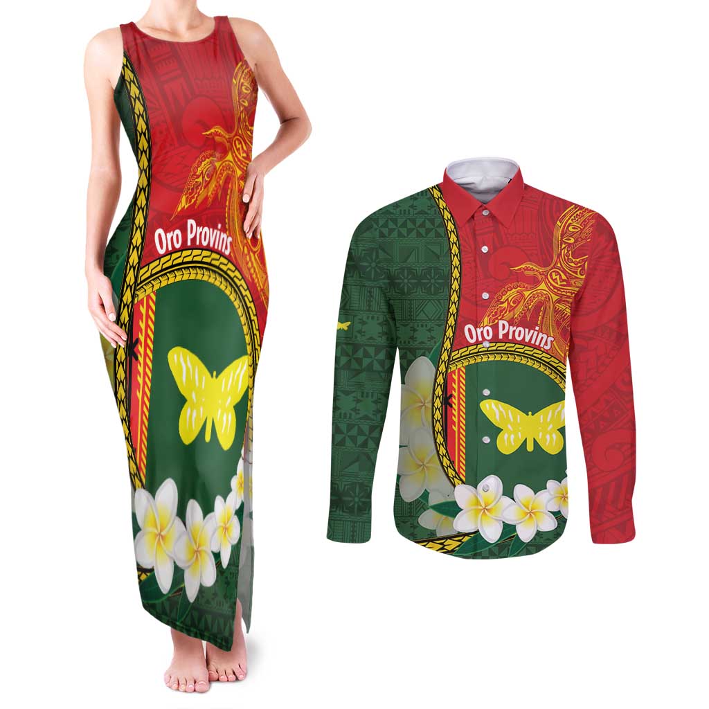 Personalised PNG Oro Provins Couples Matching Tank Maxi Dress and Long Sleeve Button Shirt Papua New Guinea Plumeria Melanesian Pattern LT14 Green - Polynesian Pride