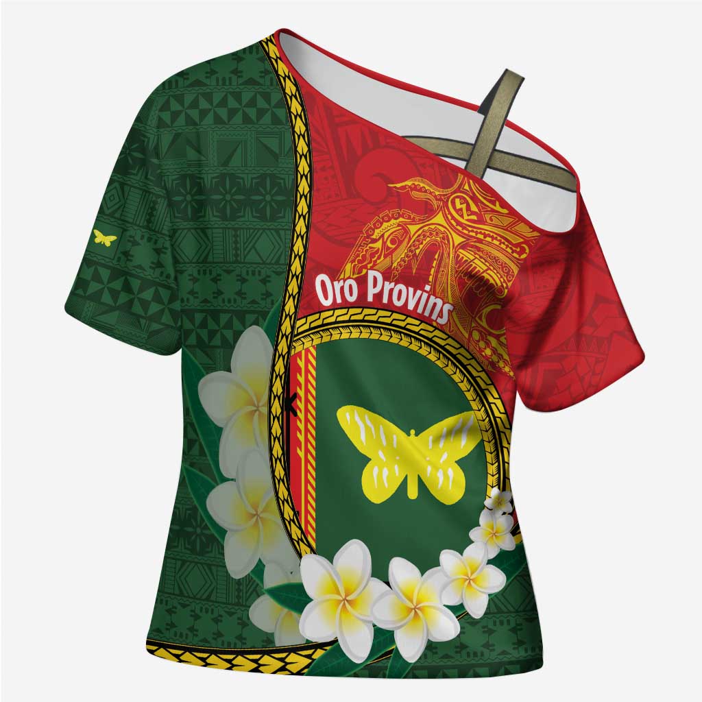 Personalised PNG Oro Provins Cross Shoulder Shirt Papua New Guinea Plumeria Melanesian Pattern LT14 Female Green - Polynesian Pride