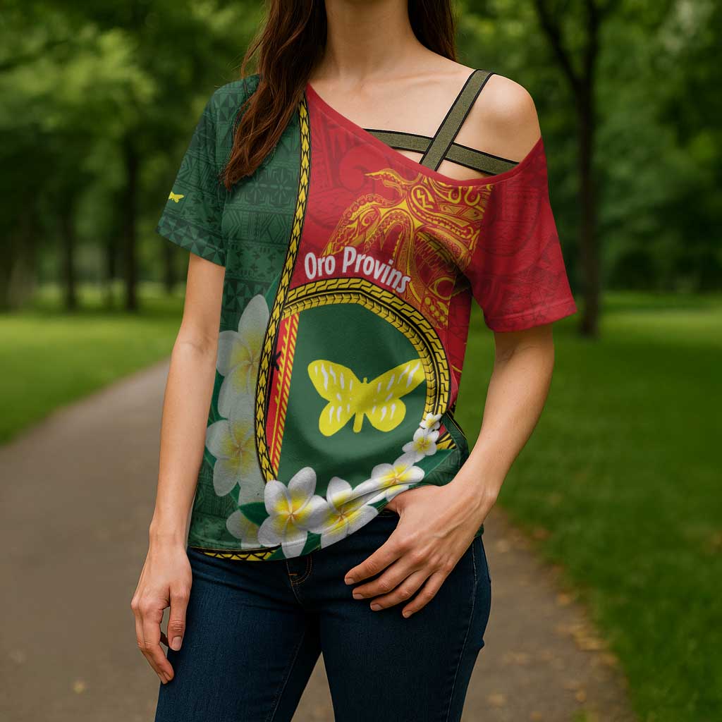 Personalised PNG Oro Provins Cross Shoulder Shirt Papua New Guinea Plumeria Melanesian Pattern LT14 - Polynesian Pride