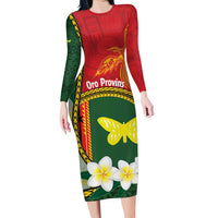 Personalised PNG Oro Provins Family Matching Long Sleeve Bodycon Dress and Hawaiian Shirt Papua New Guinea Plumeria Melanesian Pattern LT14 Mom's Dress Green - Polynesian Pride