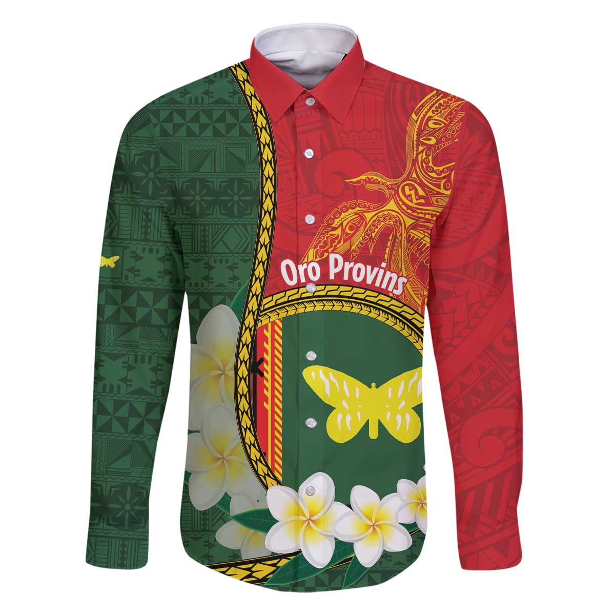 Personalised PNG Oro Provins Family Matching Off The Shoulder Long Sleeve Dress and Hawaiian Shirt Papua New Guinea Plumeria Melanesian Pattern LT14 Dad's Shirt - Long Sleeve Green - Polynesian Pride