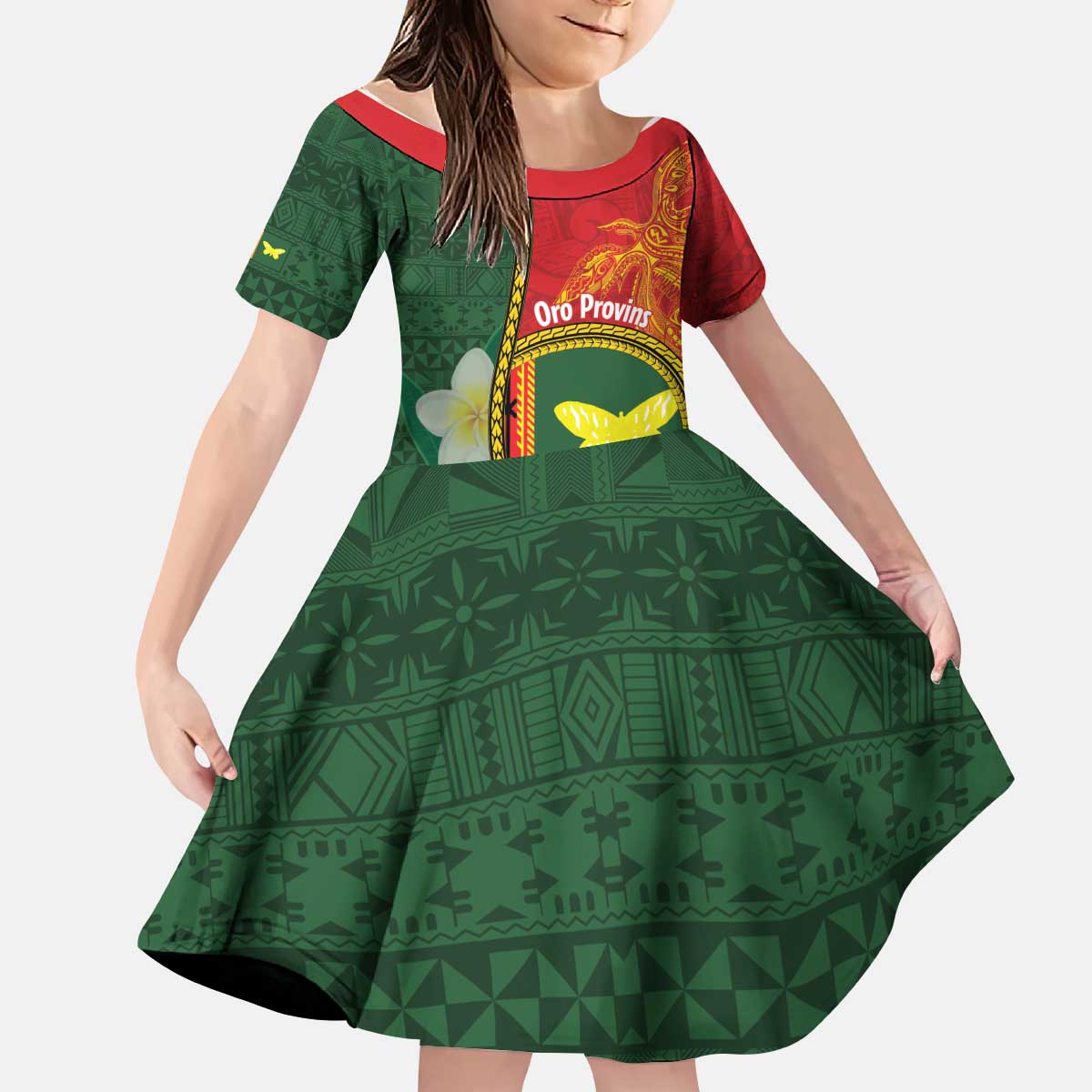 Personalised PNG Oro Provins Kid Short Sleeve Dress Papua New Guinea Plumeria Melanesian Pattern LT14 KID Green - Polynesian Pride