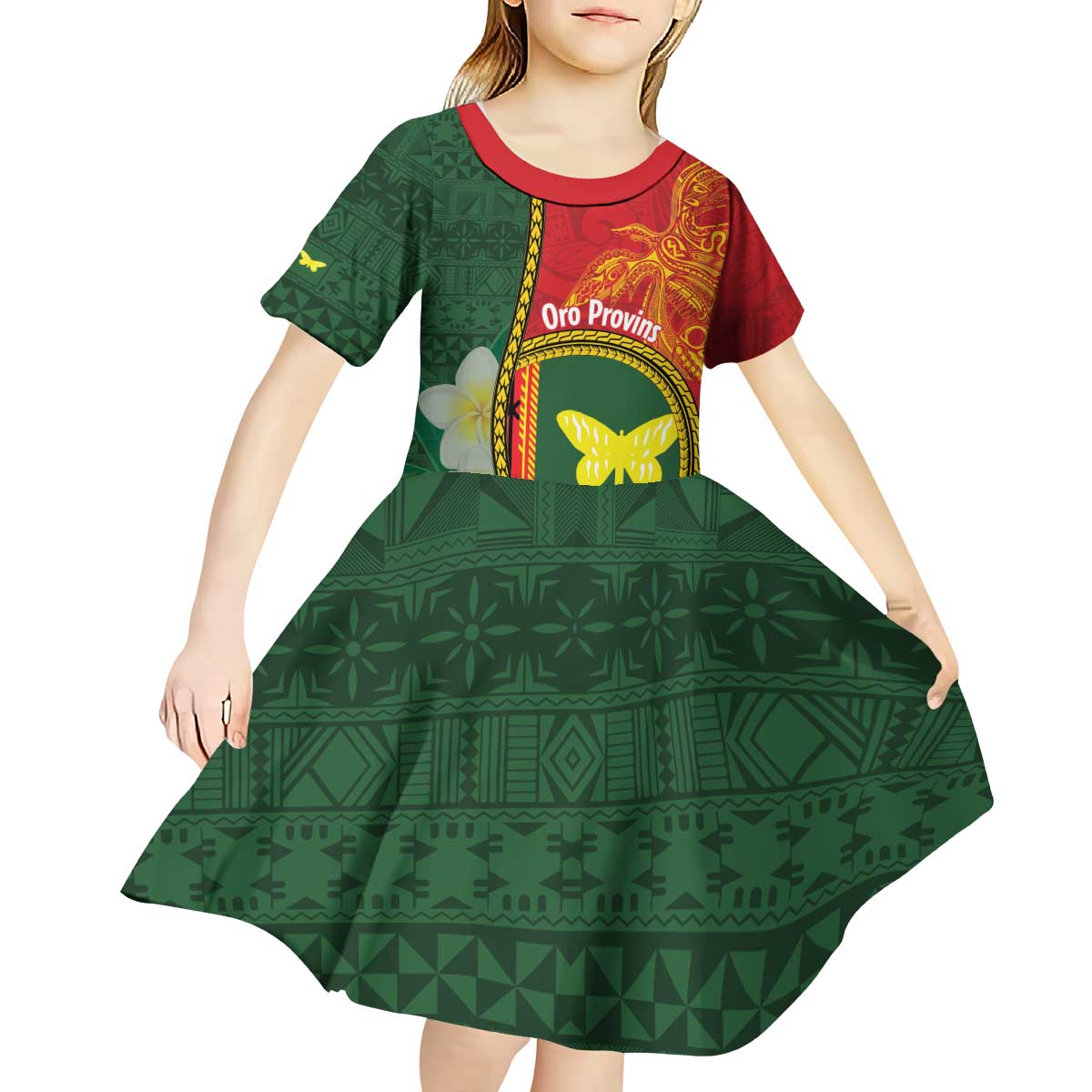 Personalised PNG Oro Provins Kid Short Sleeve Dress Papua New Guinea Plumeria Melanesian Pattern LT14 - Polynesian Pride