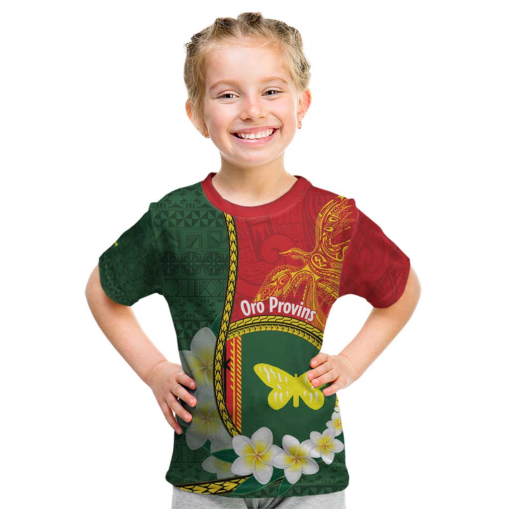 Personalised PNG Oro Provins Kid T Shirt Papua New Guinea Plumeria Melanesian Pattern LT14 Green - Polynesian Pride