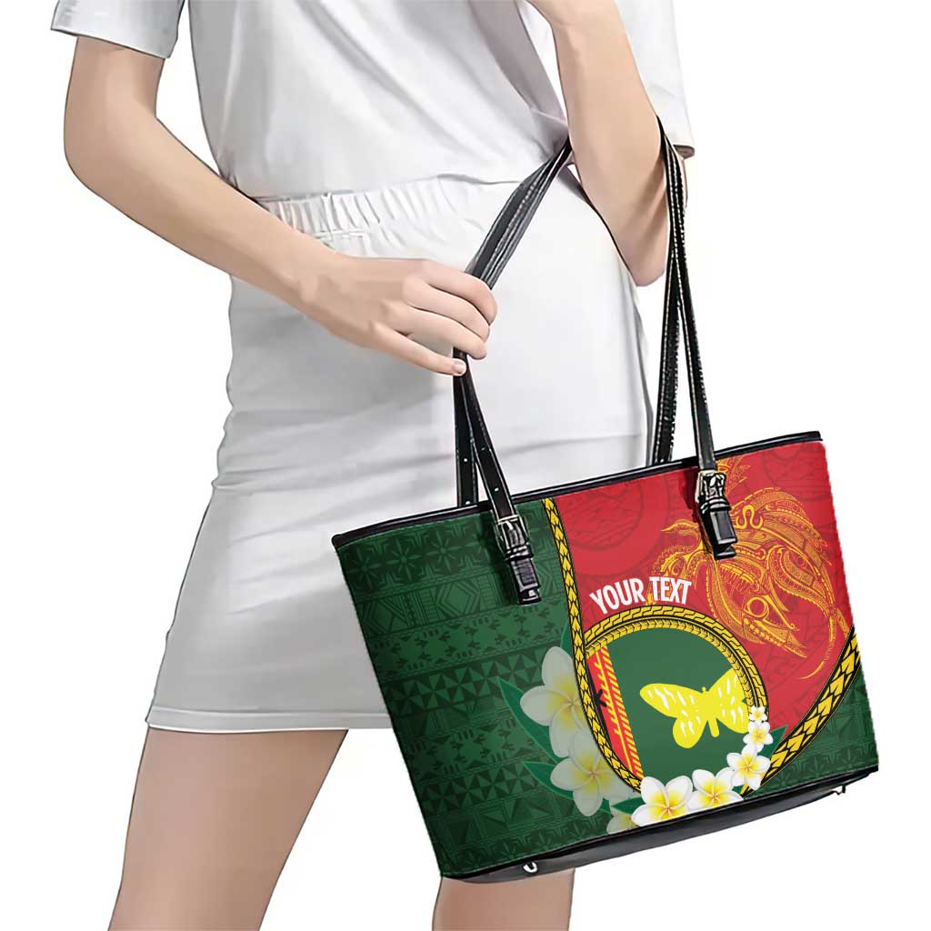 Personalised PNG Oro Provins Leather Tote Bag Papua New Guinea Plumeria Melanesian Pattern - Polynesian Pride