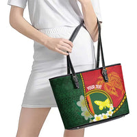 Personalised PNG Oro Provins Leather Tote Bag Papua New Guinea Plumeria Melanesian Pattern - Polynesian Pride