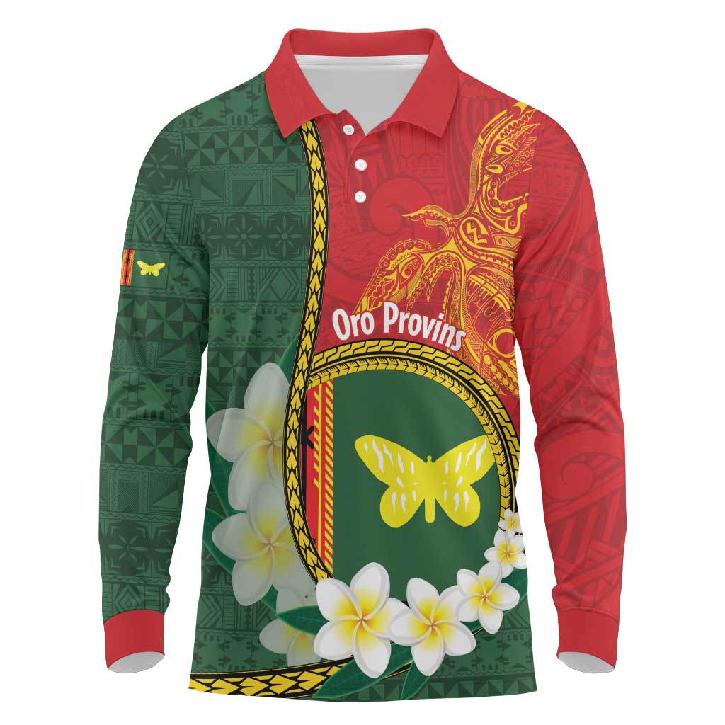 Personalised PNG Oro Provins Long Sleeve Polo Shirt Papua New Guinea Plumeria Melanesian Pattern LT14 Green - Polynesian Pride