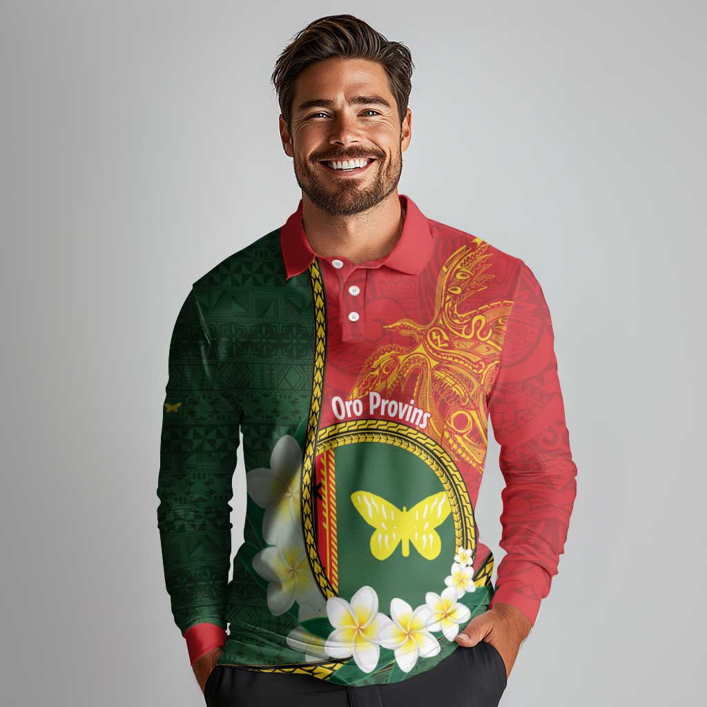 Personalised PNG Oro Provins Long Sleeve Polo Shirt Papua New Guinea Plumeria Melanesian Pattern LT14 - Polynesian Pride