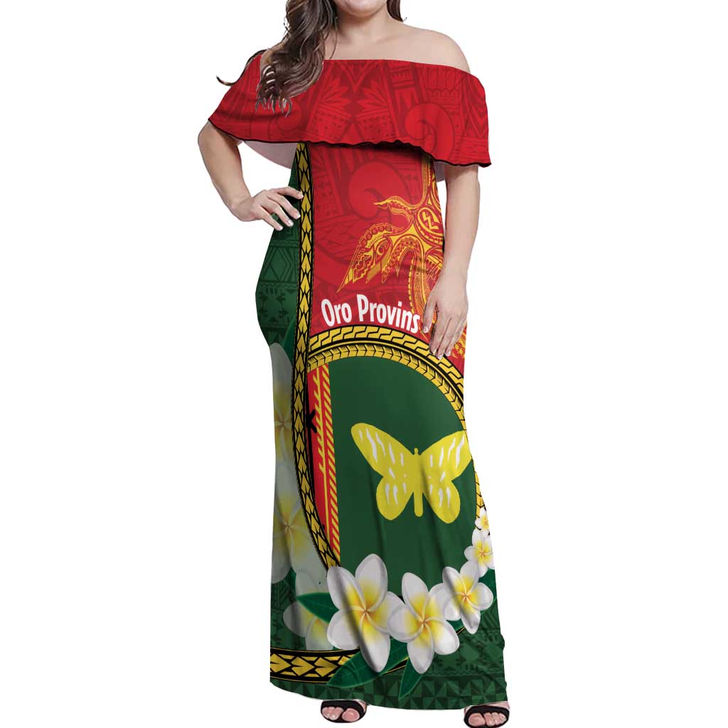 Personalised PNG Oro Provins Off Shoulder Maxi Dress Papua New Guinea Plumeria Melanesian Pattern LT14 Women Green - Polynesian Pride
