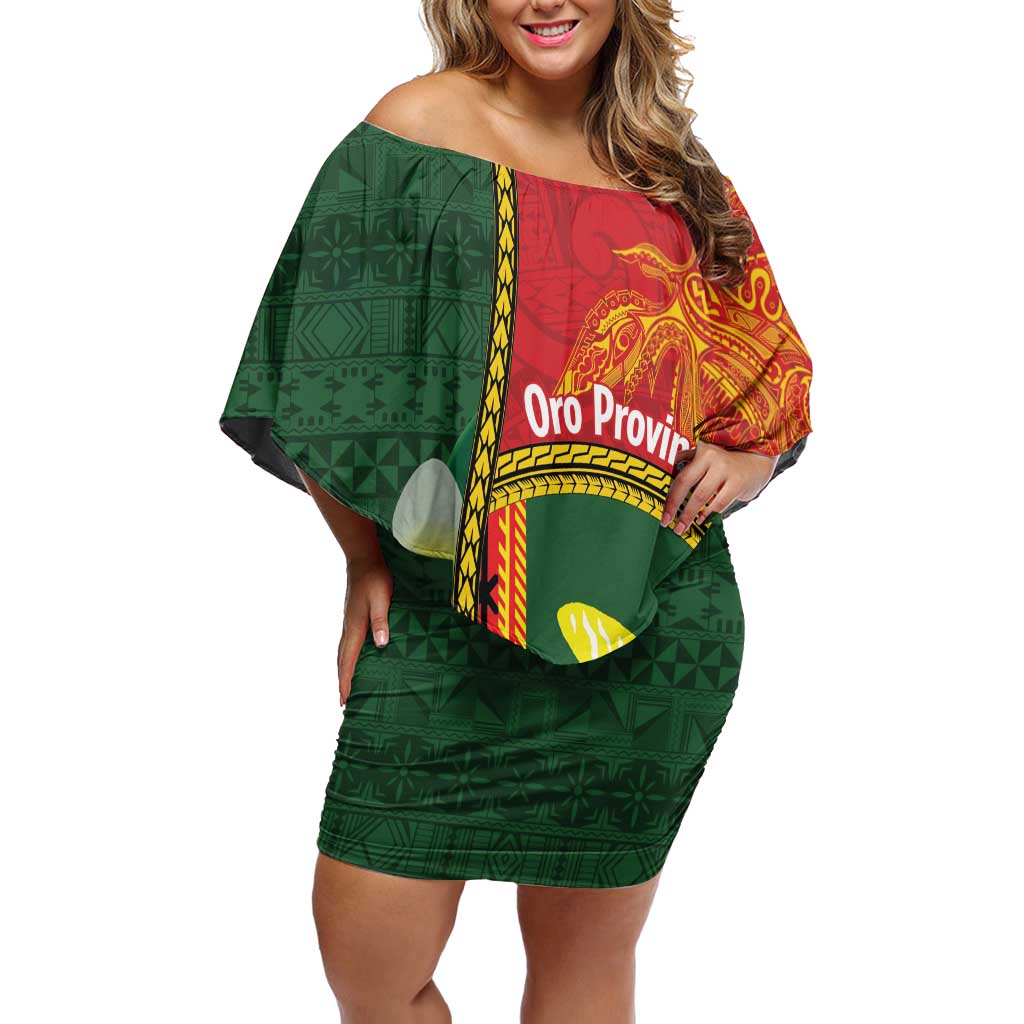 Personalised PNG Oro Provins Off Shoulder Short Dress Papua New Guinea Plumeria Melanesian Pattern LT14 Women Green - Polynesian Pride