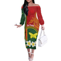 Personalised PNG Oro Provins Off The Shoulder Long Sleeve Dress Papua New Guinea Plumeria Melanesian Pattern LT14 Women Green - Polynesian Pride