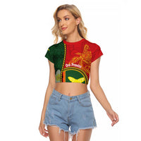 Personalised PNG Oro Provins Raglan Cropped T Shirt Papua New Guinea Plumeria Melanesian Pattern LT14 Female Green - Polynesian Pride