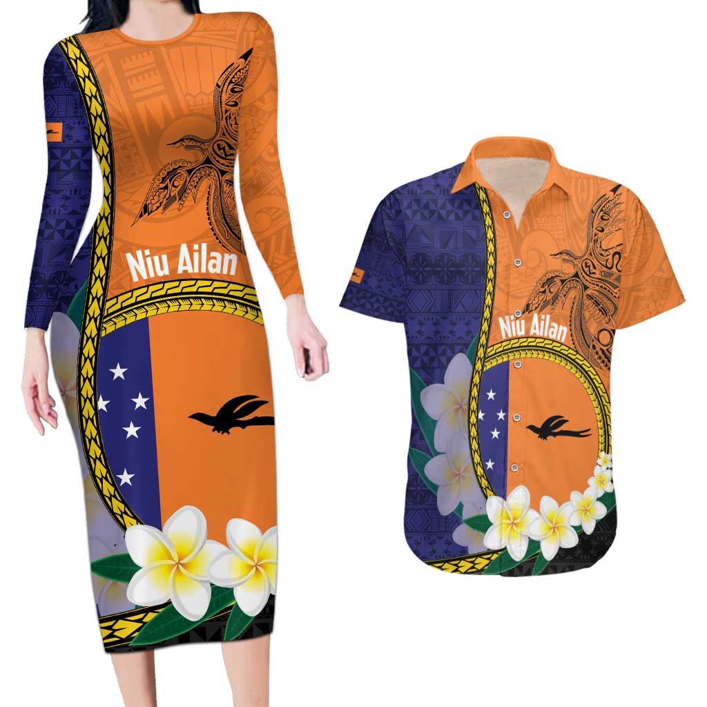 Personalised PNG Niu Ailan Couples Matching Long Sleeve Bodycon Dress and Hawaiian Shirt Papua New Guinea Plumeria Melanesian Pattern LT14 Orange - Polynesian Pride
