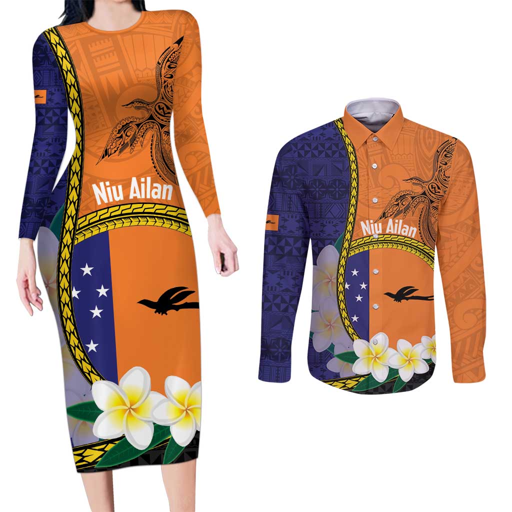 Personalised PNG Niu Ailan Couples Matching Long Sleeve Bodycon Dress and Long Sleeve Button Shirt Papua New Guinea Plumeria Melanesian Pattern LT14 Orange - Polynesian Pride